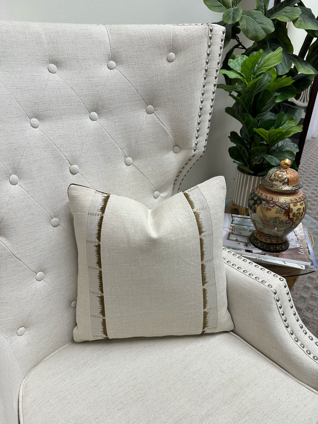 Chambray Linen in Light Grey with Thibaut Sri Lanka in Beige/Brown Tape