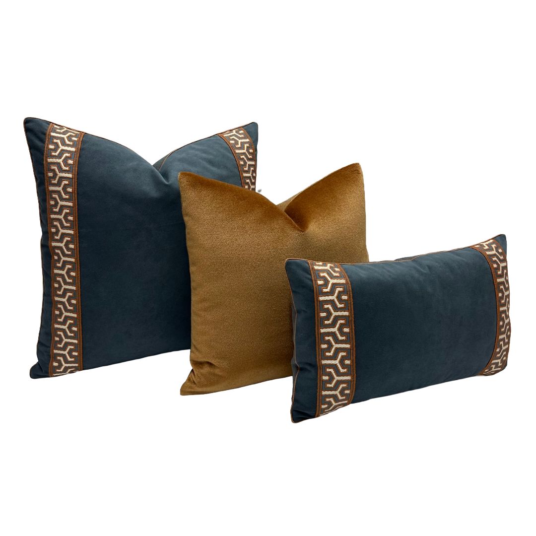 Vegan Suede in Slate Blue with Tape Samuel & Sons - Otero Embroidery Border in Grand Canyon