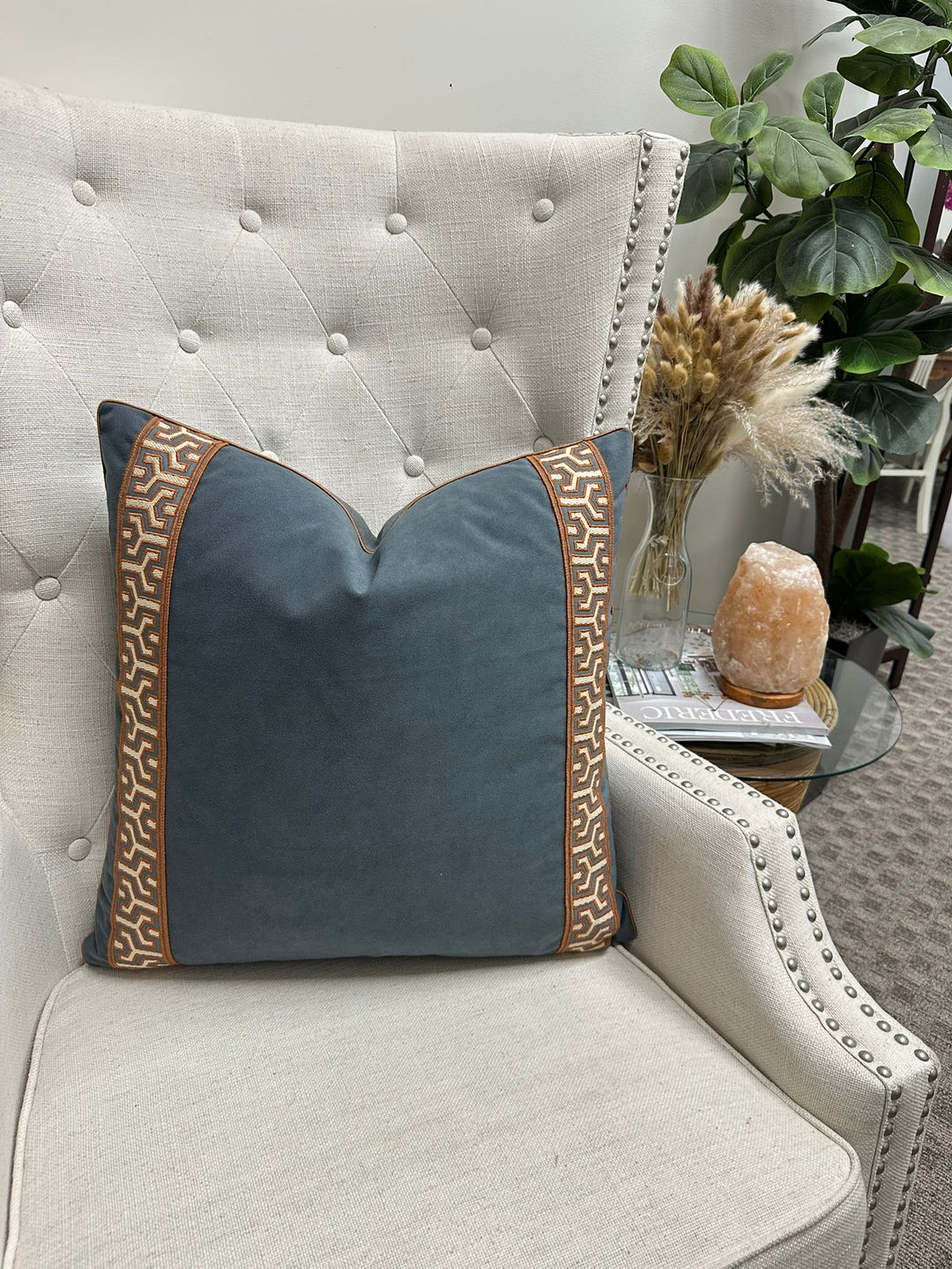 Vegan Suede in Slate Blue with Tape Samuel & Sons - Otero Embroidery Border in Grand Canyon