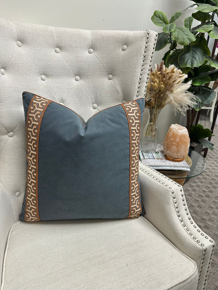 Vegan Suede in Slate Blue with Tape Samuel & Sons - Otero Embroidery Border in Grand Canyon